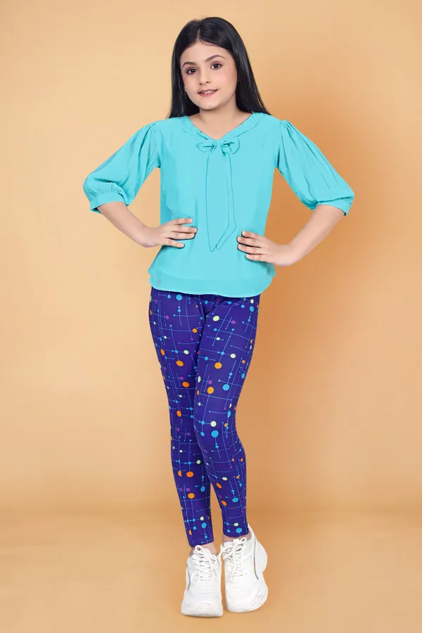 Sky_Blue_Solid_Georgette_Top_With_Colorful_Dot_Printed_Jaggings_Apparel_Combo_Set_For_Girls