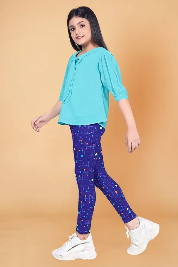 Sky_Blue_Solid_Georgette_Top_With_Colorful_Dot_Printed_Jaggings_Apparel_Combo_Set_For_Girls