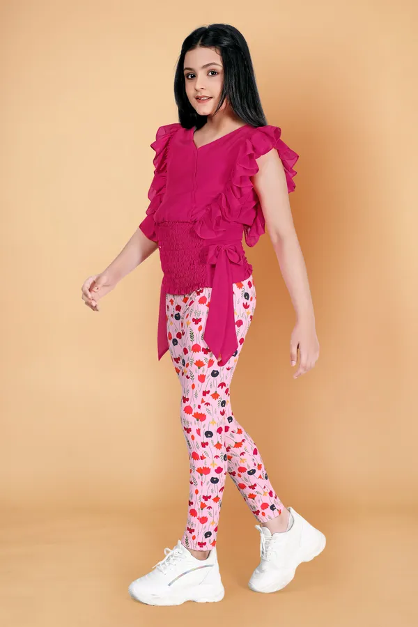 Pink_Georgette_Top_With_Floral_Printed_Jaggings_Apparel_Combo_Set_For_Girls