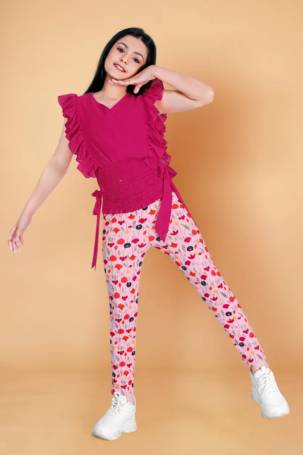 Pink_Georgette_Top_With_Floral_Printed_Jaggings_Apparel_Combo_Set_For_Girls