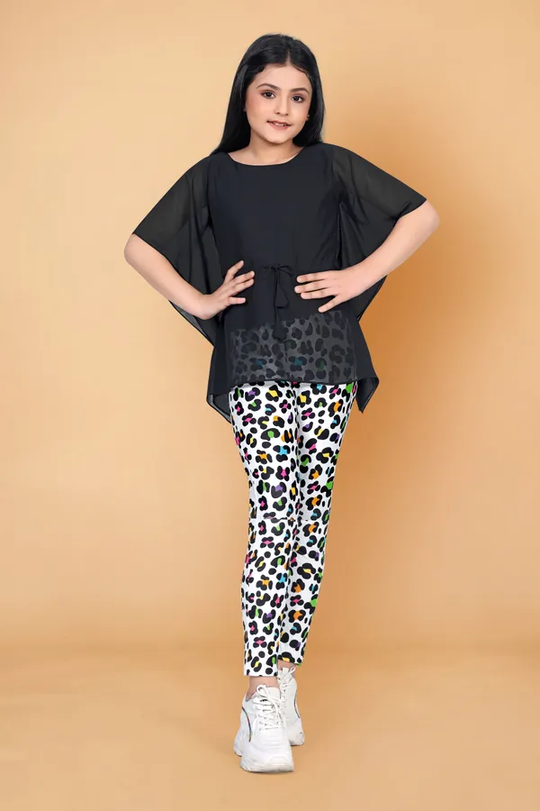 Black_Kaftan_Georgette_Top_With_Animal_Printed_Jaggings_Apparel_Combo_Set_For_Girls