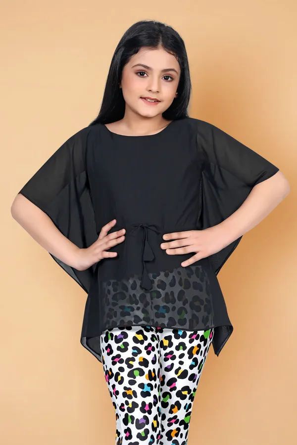Black_Kaftan_Georgette_Top_With_Animal_Printed_Jaggings_Apparel_Combo_Set_For_Girls