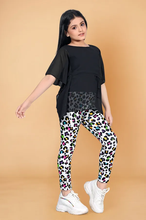 Black_Kaftan_Georgette_Top_With_Animal_Printed_Jaggings_Apparel_Combo_Set_For_Girls
