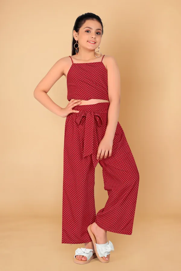 Maroon_Polyester_Blend_Crop_Top_With_Pant_Set_For_Girls