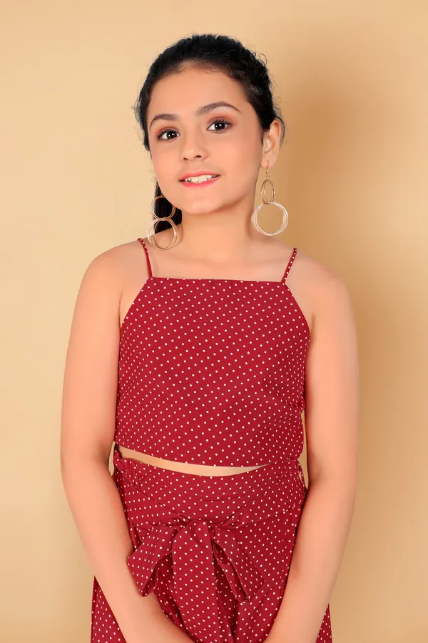 Maroon_Polyester_Blend_Crop_Top_With_Pant_Set_For_Girls