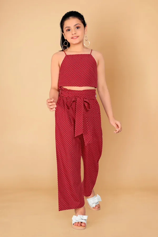Maroon_Polyester_Blend_Crop_Top_With_Pant_Set_For_Girls