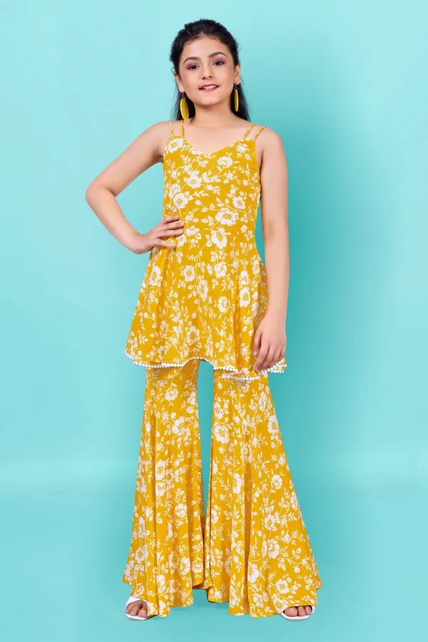 Yellow_Rayon_Floral_Print_Top_And_Sharara_Set_For_Girls