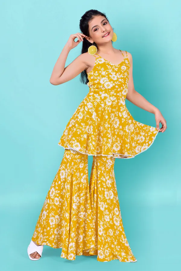 Yellow_Rayon_Floral_Print_Top_And_Sharara_Set_For_Girls