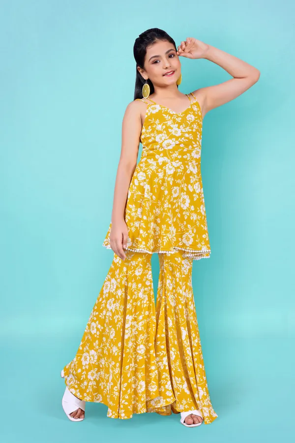 Yellow_Rayon_Floral_Print_Top_And_Sharara_Set_For_Girls