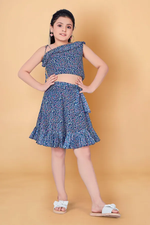 Navy_Blue_One_Shoulder_Georgette_Top_With_Skirt_Clothing_Set_For_Girls