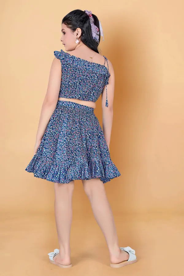 Navy_Blue_One_Shoulder_Georgette_Top_With_Skirt_Clothing_Set_For_Girls
