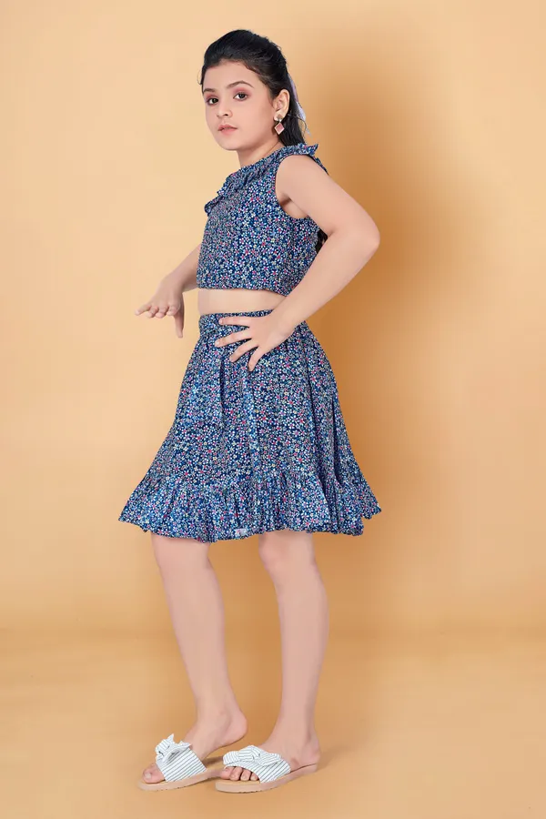 Navy_Blue_One_Shoulder_Georgette_Top_With_Skirt_Clothing_Set_For_Girls