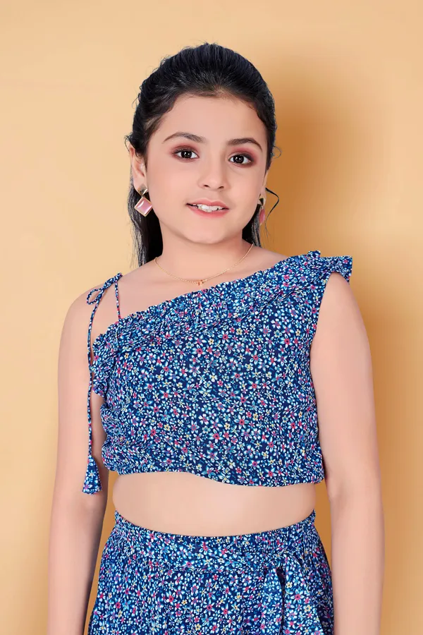 Navy_Blue_One_Shoulder_Georgette_Top_With_Skirt_Clothing_Set_For_Girls