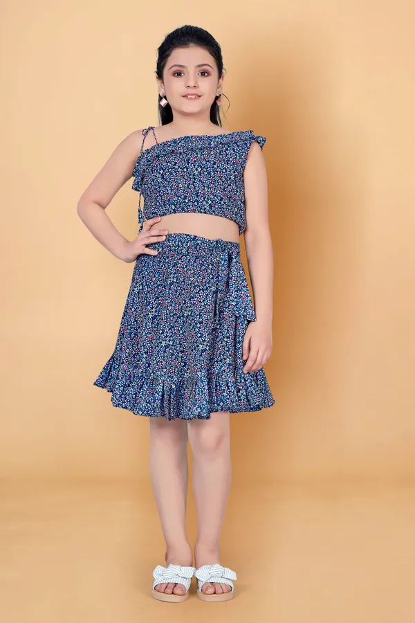 Navy_Blue_One_Shoulder_Georgette_Top_With_Skirt_Clothing_Set_For_Girls