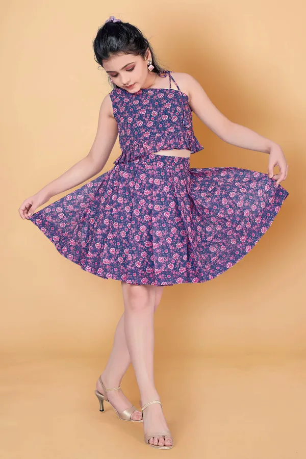 Blue_One_Shoulder_Georgette_Top_With_Skirt_Clothing_Set_For_Girls