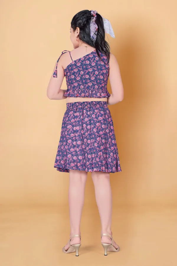 Blue_One_Shoulder_Georgette_Top_With_Skirt_Clothing_Set_For_Girls