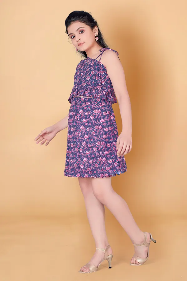 Blue_One_Shoulder_Georgette_Top_With_Skirt_Clothing_Set_For_Girls