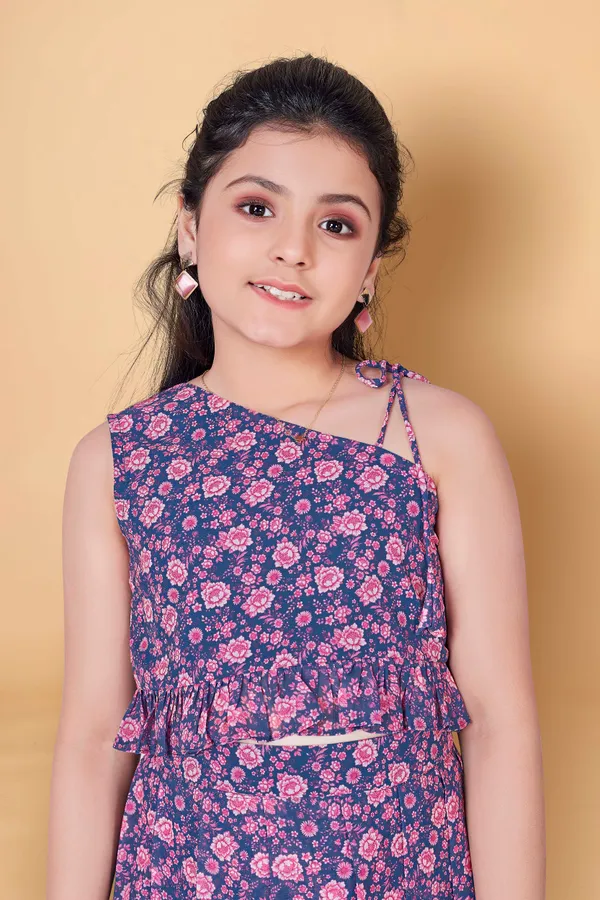 Blue_One_Shoulder_Georgette_Top_With_Skirt_Clothing_Set_For_Girls