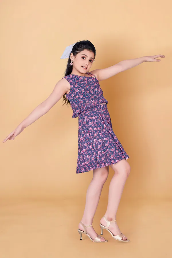 Blue_One_Shoulder_Georgette_Top_With_Skirt_Clothing_Set_For_Girls