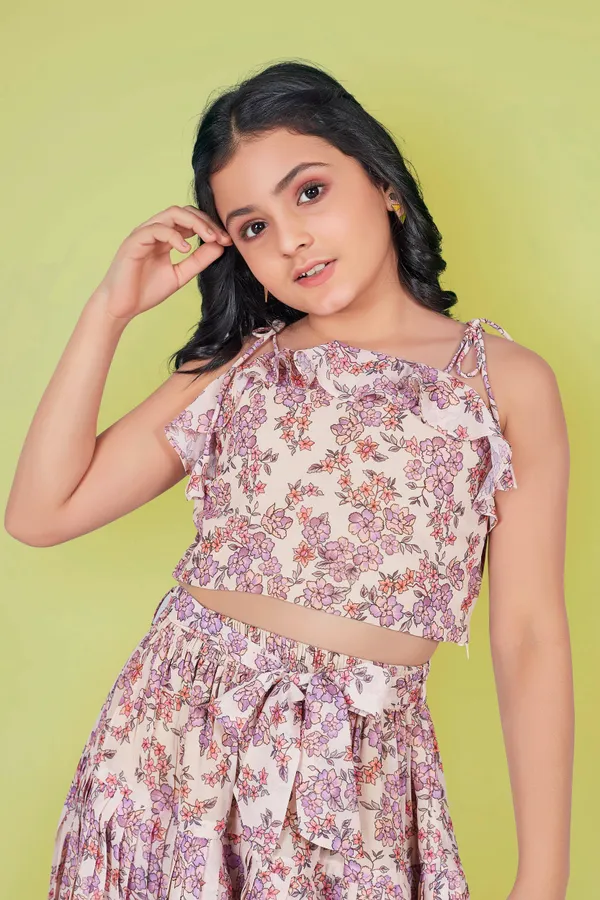 Cream_Tie-Up_Georgette_Top_With_Layer_Skirt_Clothing_Set_For_Girls