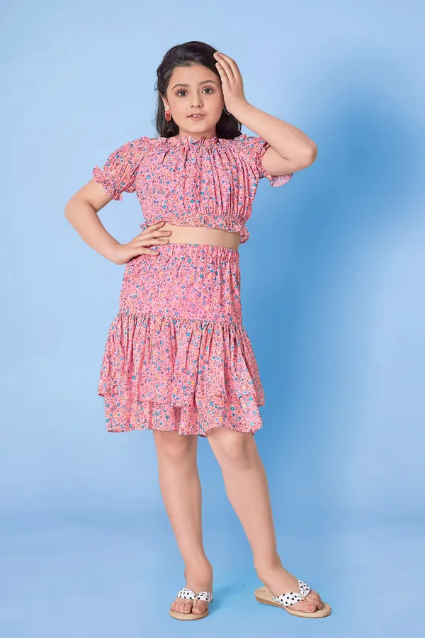 Peach_Off_Shoulder_Georgette_Top_With_Layer_Skirt_Clothing_Set_For_Girls