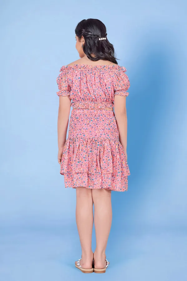 Peach_Off_Shoulder_Georgette_Top_With_Layer_Skirt_Clothing_Set_For_Girls