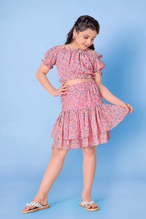 Peach_Off_Shoulder_Georgette_Top_With_Layer_Skirt_Clothing_Set_For_Girls