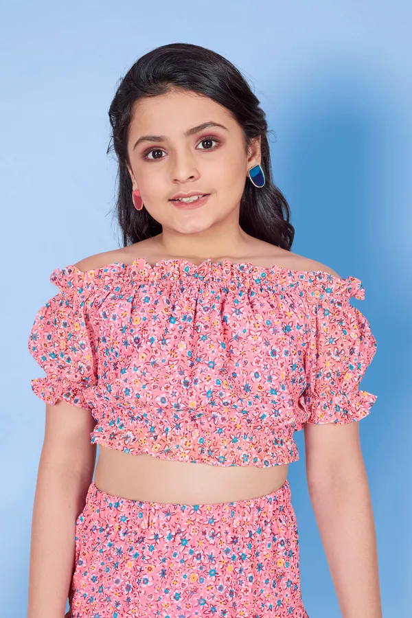 Peach_Off_Shoulder_Georgette_Top_With_Layer_Skirt_Clothing_Set_For_Girls