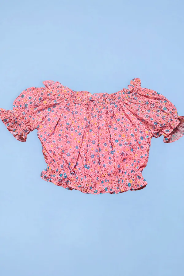 Peach_Off_Shoulder_Georgette_Top_With_Layer_Skirt_Clothing_Set_For_Girls