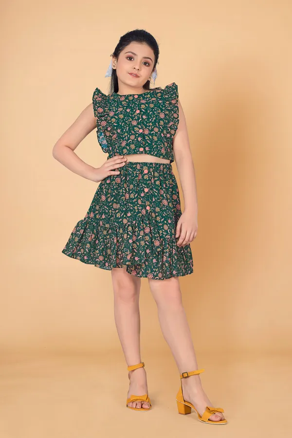 Dark_Green_Pinafore_Georgette_Top_With_Asymmetric_Skirt_Clothing_Set_For_Girls