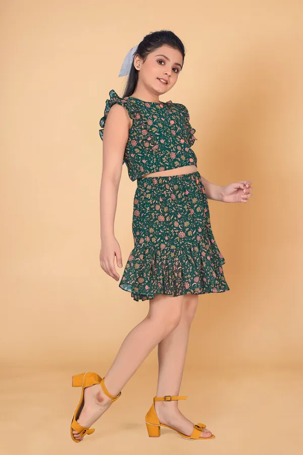 Dark_Green_Pinafore_Georgette_Top_With_Asymmetric_Skirt_Clothing_Set_For_Girls