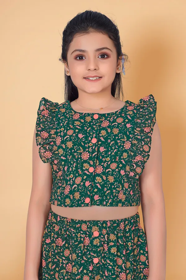 Dark_Green_Pinafore_Georgette_Top_With_Asymmetric_Skirt_Clothing_Set_For_Girls