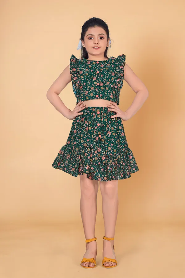 Dark_Green_Pinafore_Georgette_Top_With_Asymmetric_Skirt_Clothing_Set_For_Girls