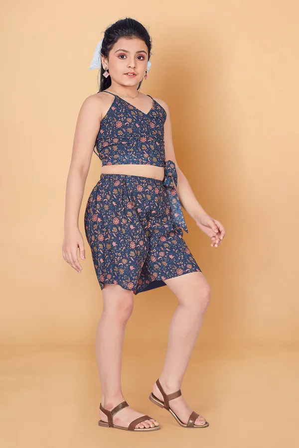 Navy_Blue_Wrap_Georgette_Top_With_Short_Pant_Clothing_Set_For_Girls