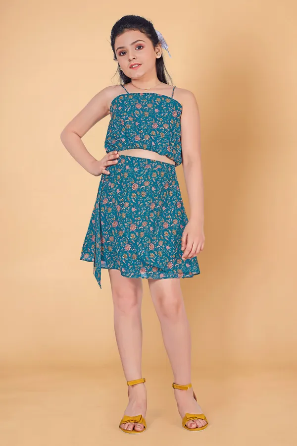Teal_Blue_Spaghetti_Georgette_Top_With_Layer_Skirt_Clothing_Set_For_Girls