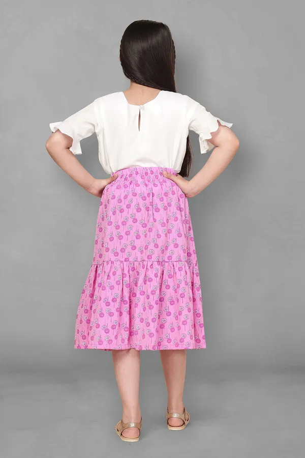 White_Top_With_Purple_Floral_Skirt_Set_For_Girls