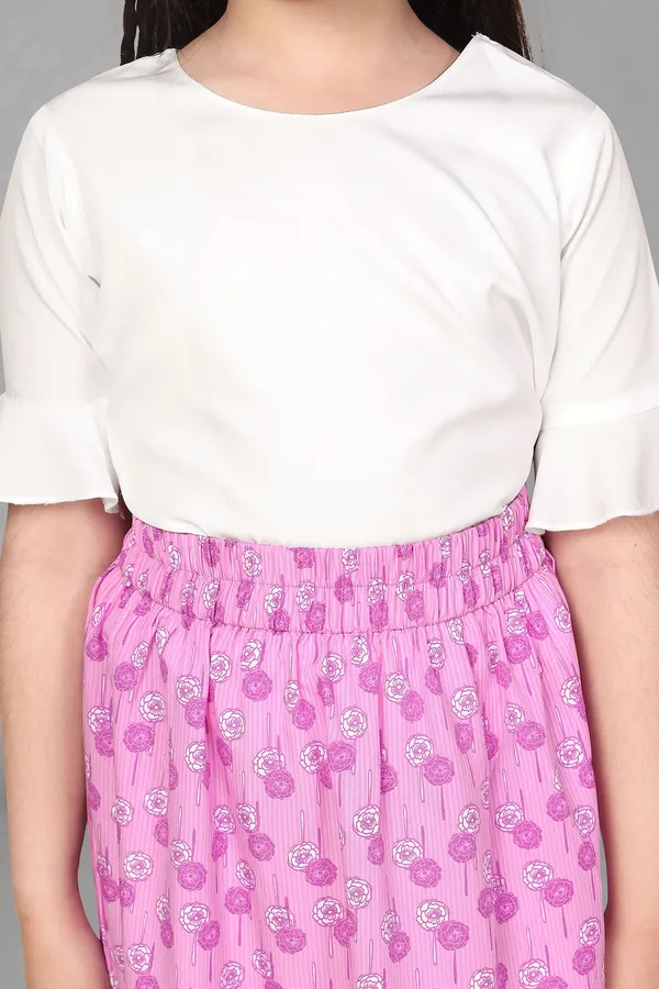 White_Top_With_Purple_Floral_Skirt_Set_For_Girls