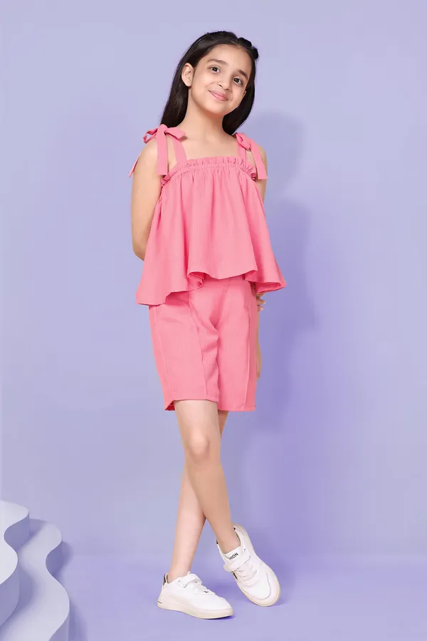 Peach_Solid_Top_With_Shorts_Set_For_Girls