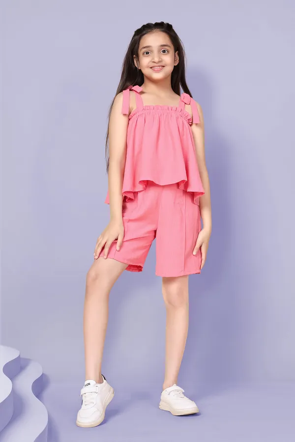Peach_Solid_Top_With_Shorts_Set_For_Girls