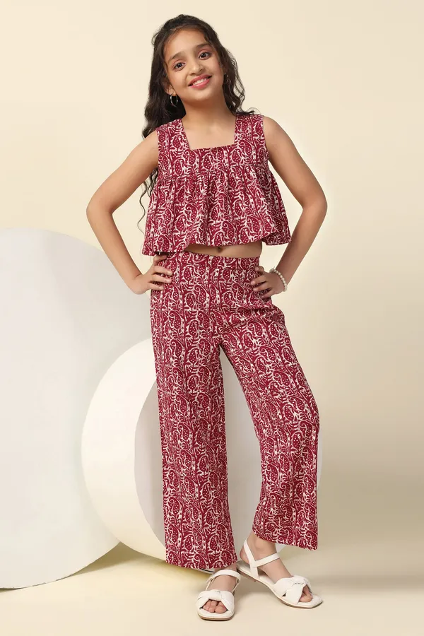 Maroon_Paisley_Printed_Crop_Top_And_Pant_Set_For_Girls