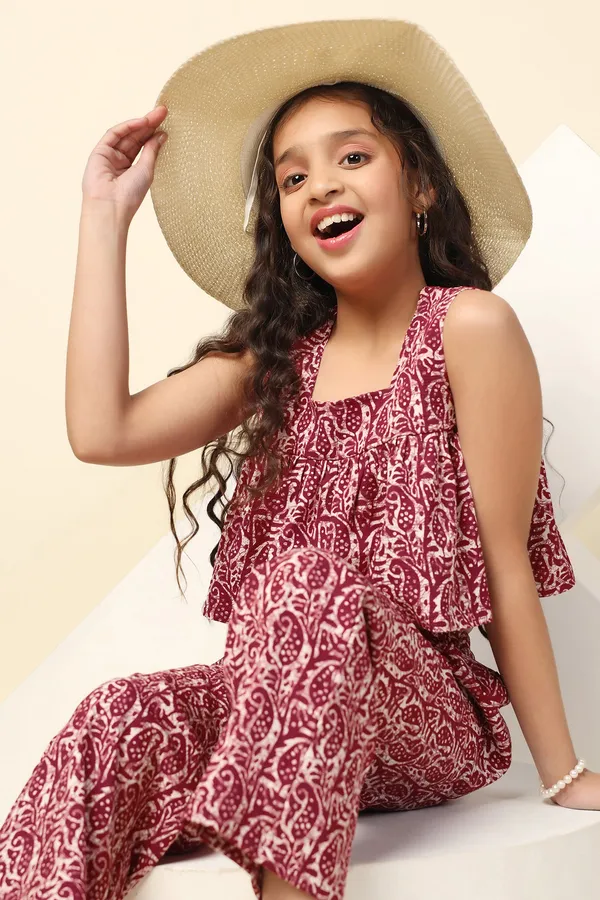 Maroon_Paisley_Printed_Crop_Top_And_Pant_Set_For_Girls