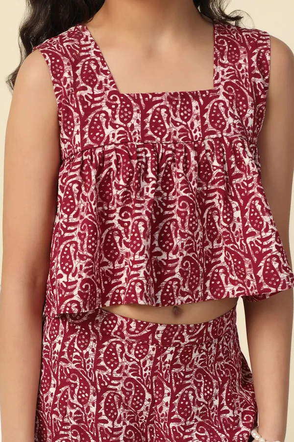 Maroon_Paisley_Printed_Crop_Top_And_Pant_Set_For_Girls