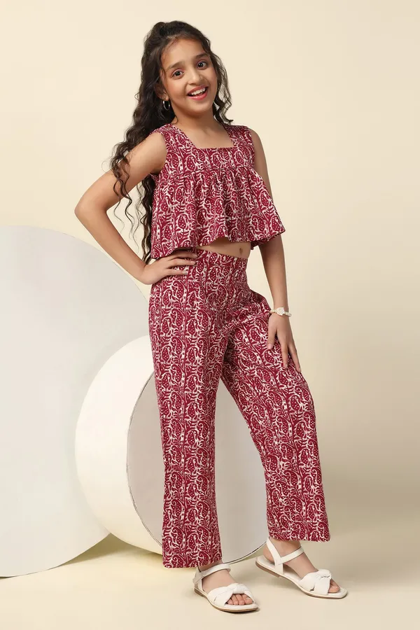 Maroon_Paisley_Printed_Crop_Top_And_Pant_Set_For_Girls