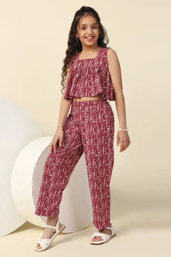 Maroon_Paisley_Printed_Crop_Top_And_Pant_Set_For_Girls