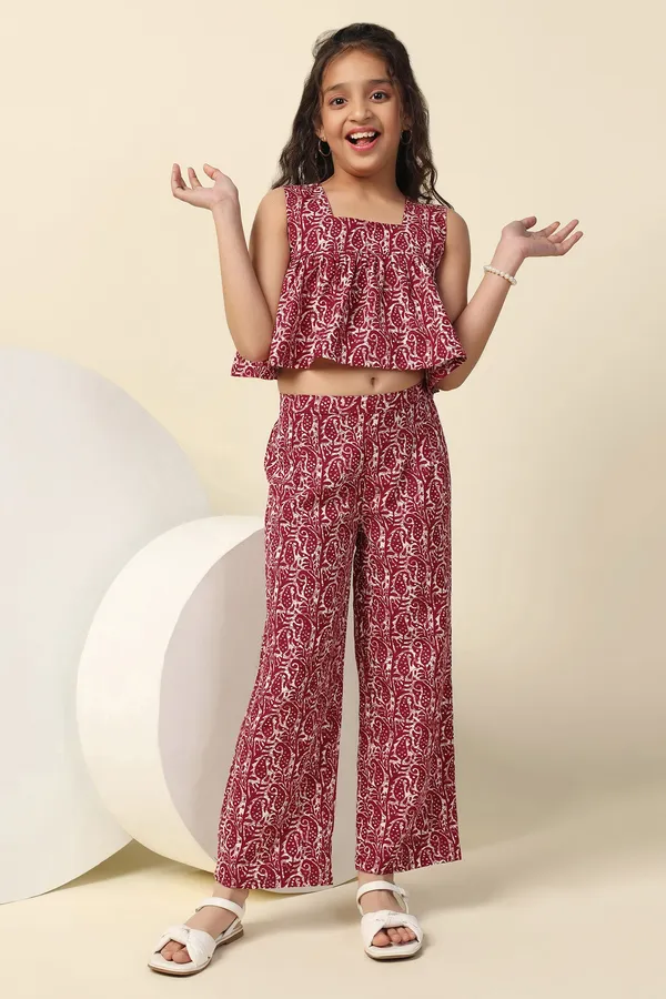 Maroon_Paisley_Printed_Crop_Top_And_Pant_Set_For_Girls