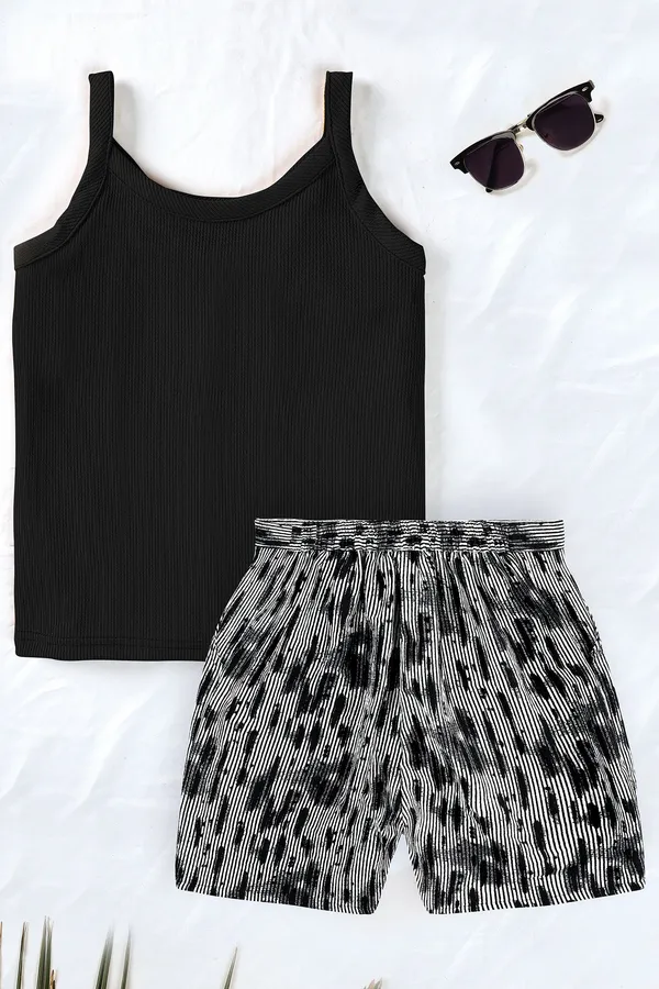 Black_Lycra_Solid_Top_With_All_Over_Printed_Short_Pant_Set_For_Girls