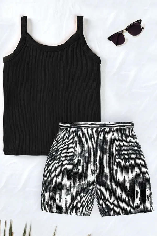 Black_Lycra_Solid_Top_With_All_Over_Printed_Short_Pant_Set_For_Girls