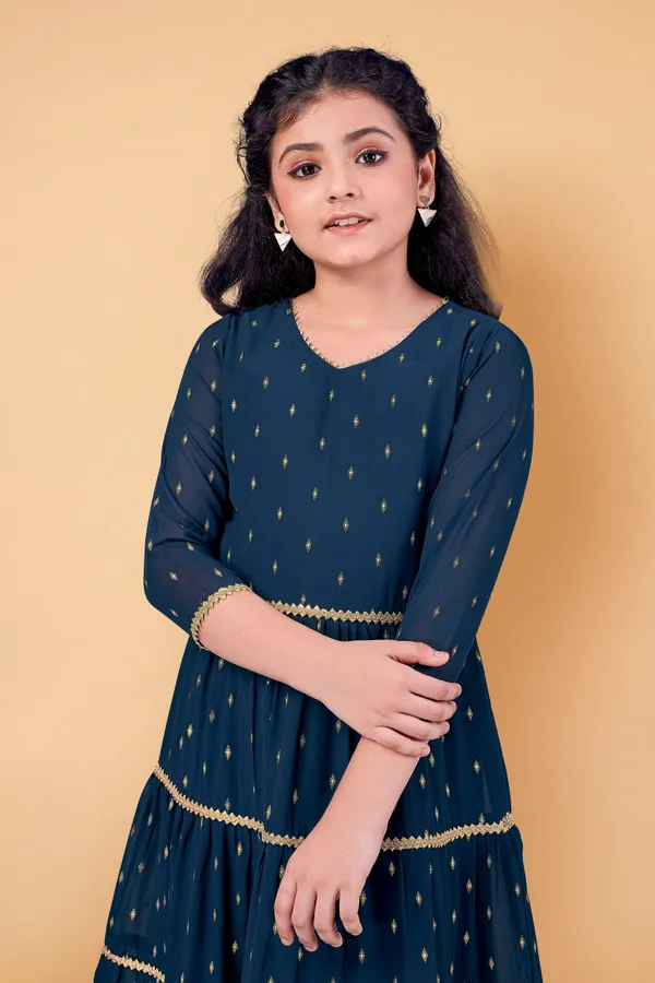 Teal_Blue_Georgette_Maxi_Length_Foil_Printed_Dress_For_Girls