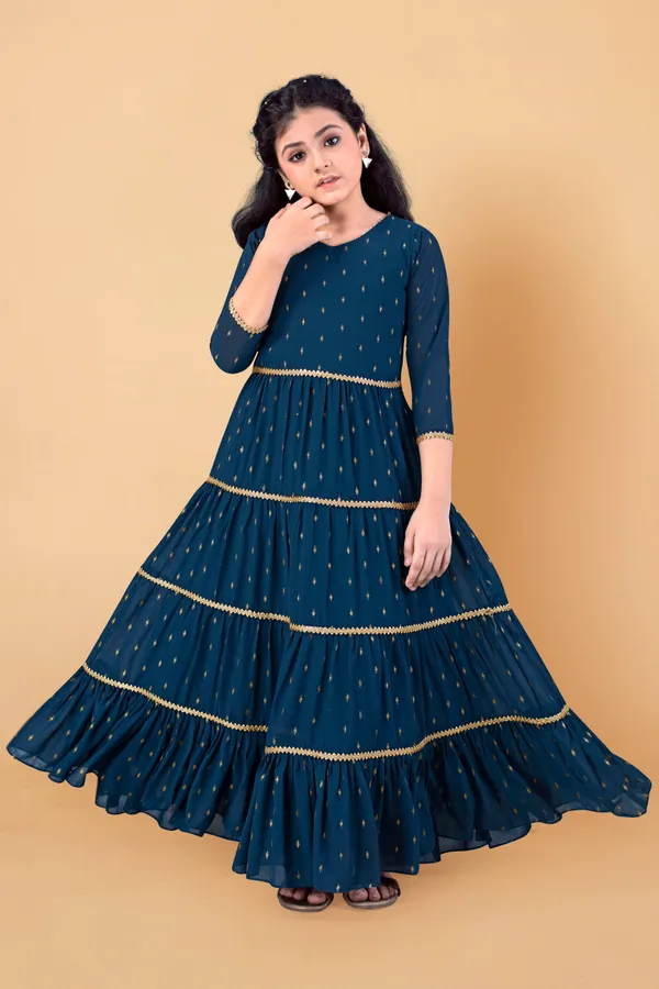 Teal_Blue_Georgette_Maxi_Length_Foil_Printed_Dress_For_Girls