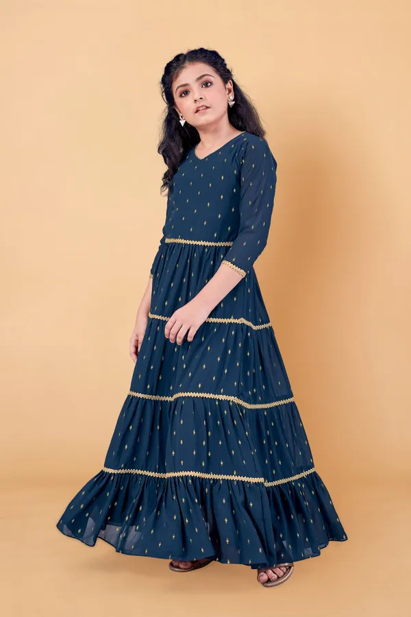 Teal_Blue_Georgette_Maxi_Length_Foil_Printed_Dress_For_Girls